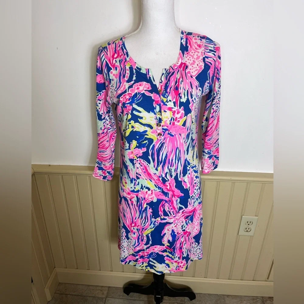 lilly pulitzer tee shirt dress Lilly Pulitzer T Shirt Dress Womens XXS Multicolor 3/4 Sleeve V Neck Crochet